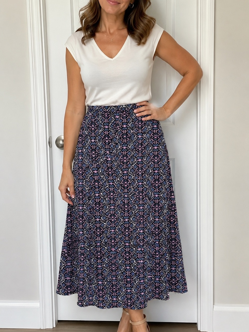 Geometric Print Midi Skirt in Navy and Pink